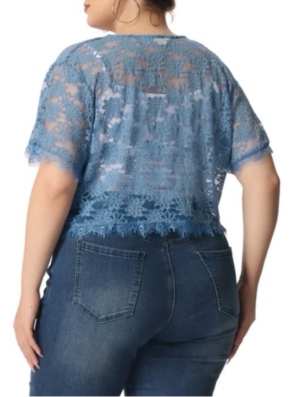 Plus Size Elegant Short Sleeve Sheer Floral Lace Bolero Shrug Top, Blue, Size 4X - Picture 3 of 11